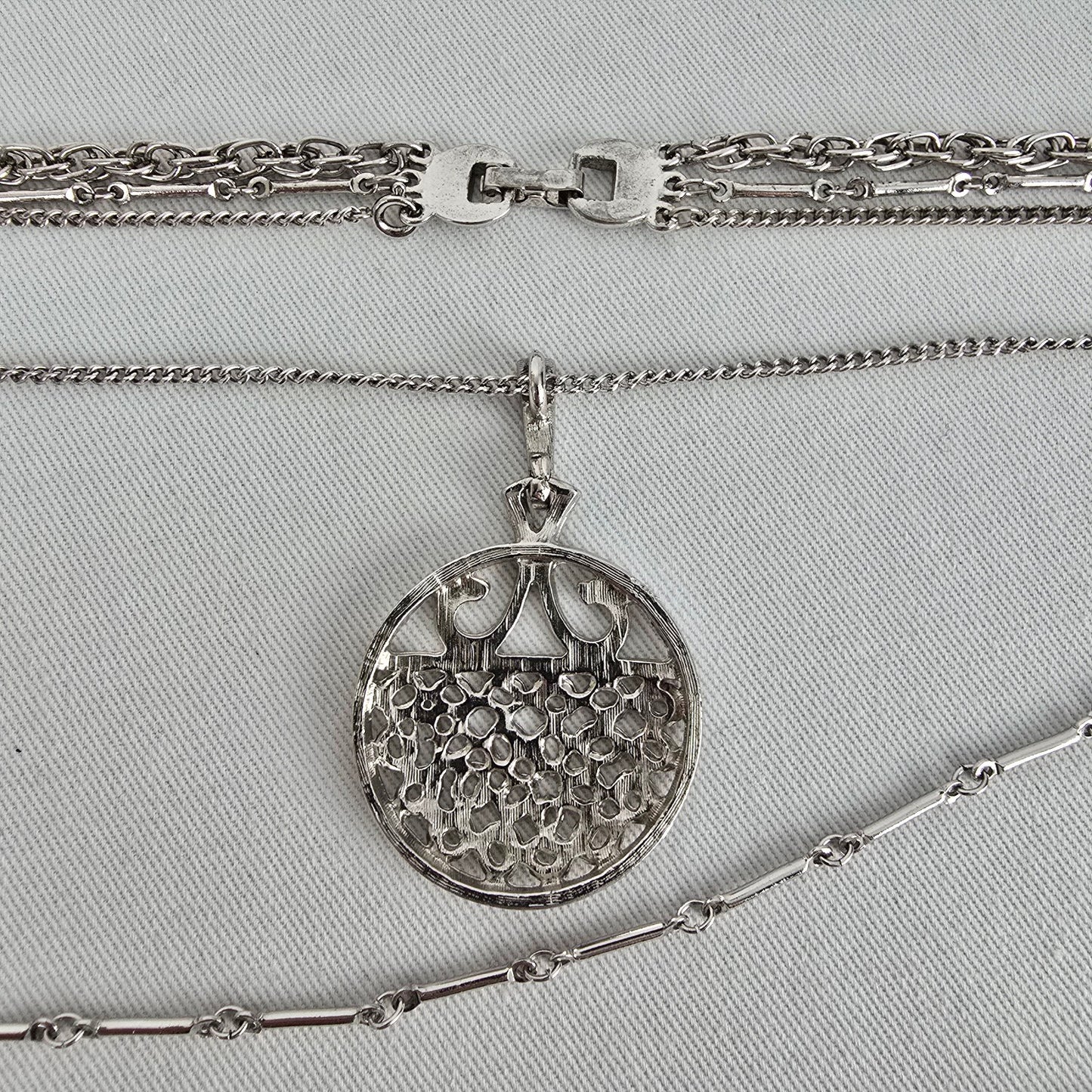 Vintage Silver Tone Layered Chain Pendant Necklace