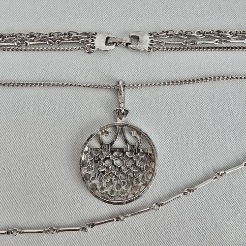 Vintage Silver Tone Layered Chain Pendant Necklace