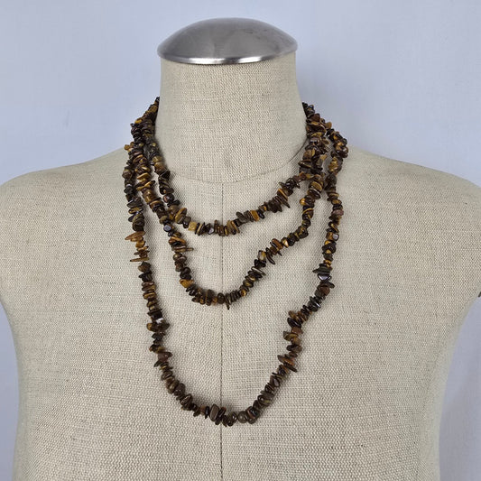 Tiger Eye Chip Necklace Long Strand Natural Stone Brown Gold Boho Layering