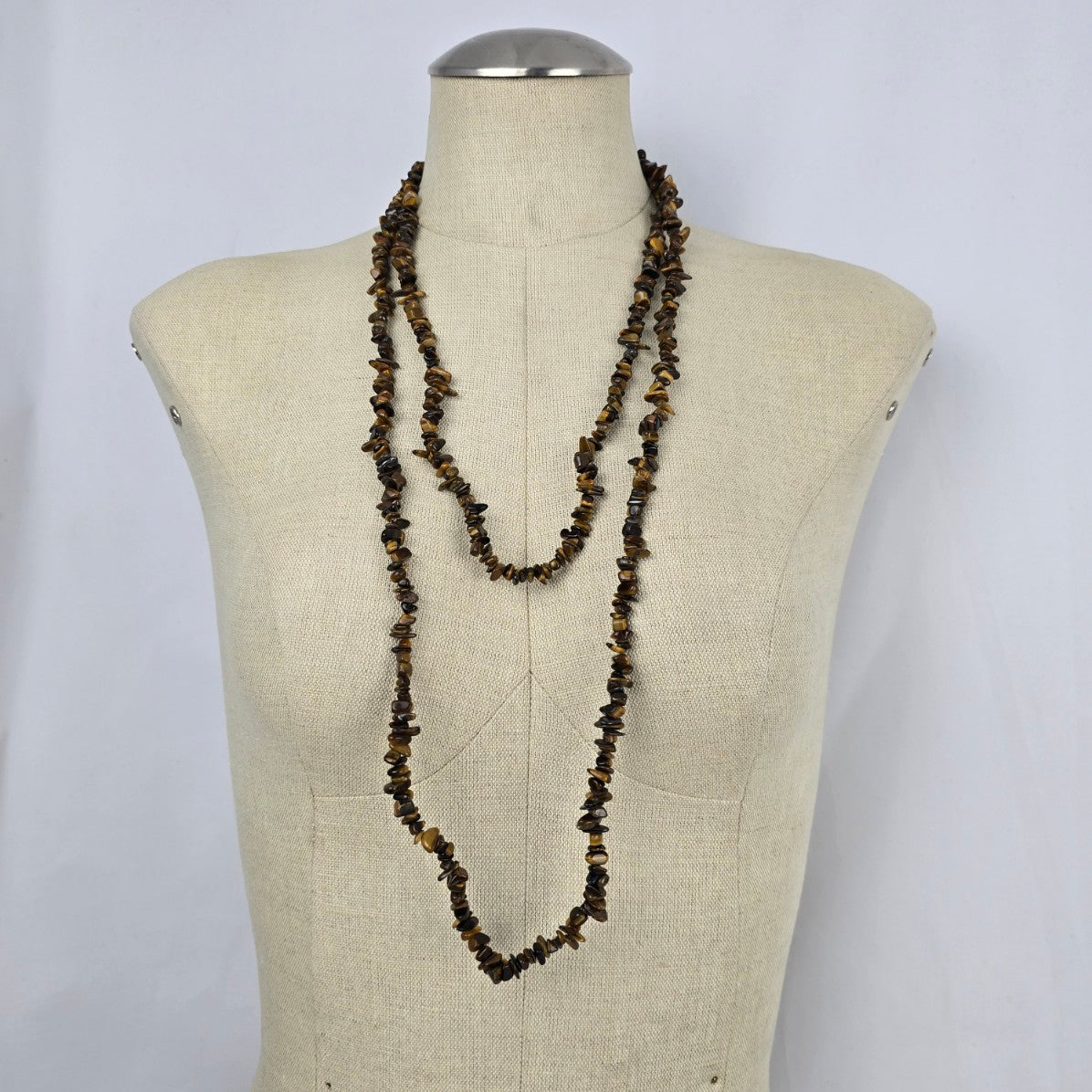 Tiger Eye Chip Necklace Long Strand Natural Stone Brown Gold Boho Layering