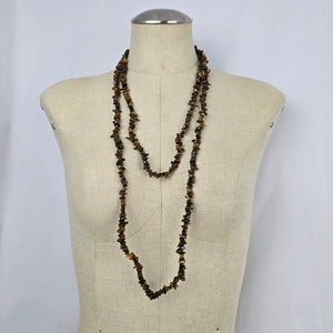 Tiger Eye Chip Necklace Long Strand Natural Stone Brown Gold Boho Layering