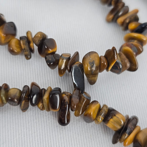 Tiger Eye Chip Necklace Long Strand Natural Stone Brown Gold Boho Layering