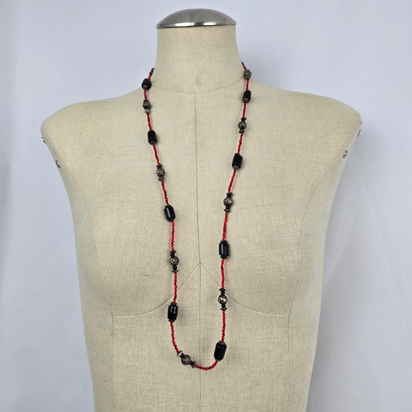 Red & Black Beaded Handmade Long Necklace