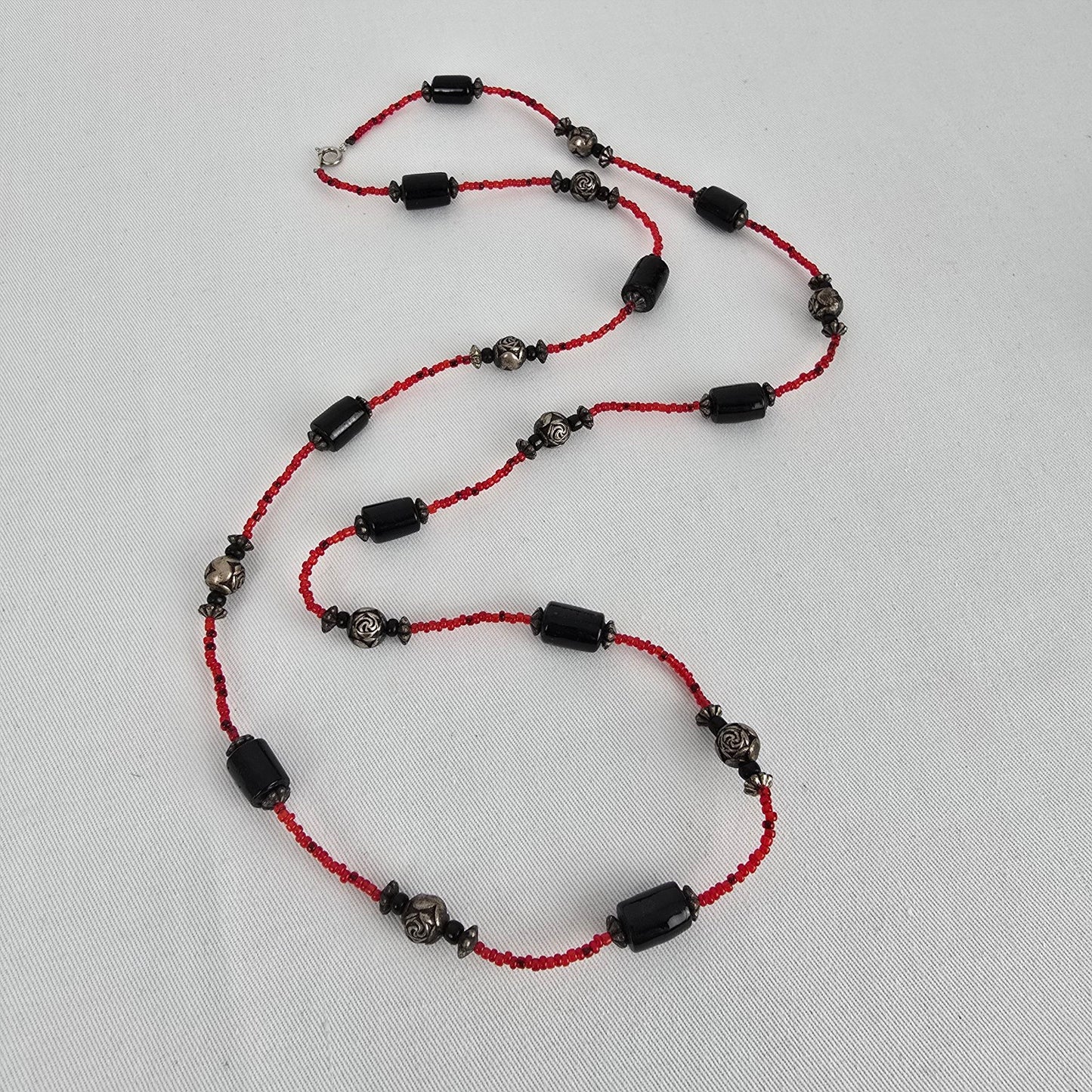 Red & Black Beaded Handmade Long Necklace