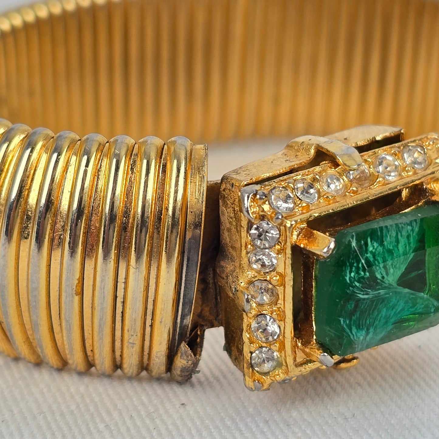 Vintage Green Square Stone Gold Tone Cuff Bracelet