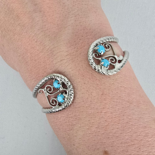 Vintage Silver Tone Turquoise Filigree Cuff Hinge Bracelet