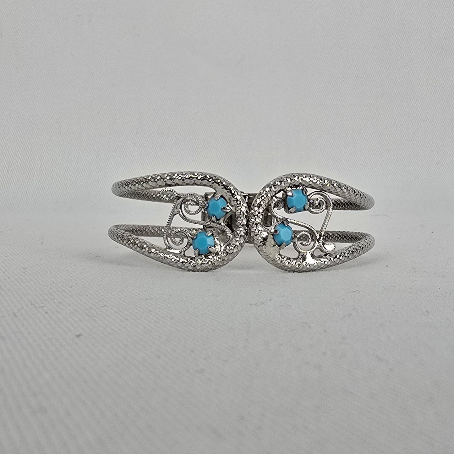 Vintage Silver Tone Turquoise Filigree Cuff Hinge Bracelet