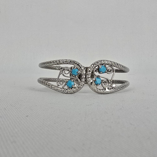 Vintage Silver Tone Turquoise Filigree Cuff Hinge Bracelet