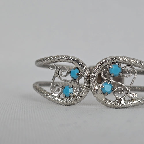 Vintage Silver Tone Turquoise Filigree Cuff Hinge Bracelet