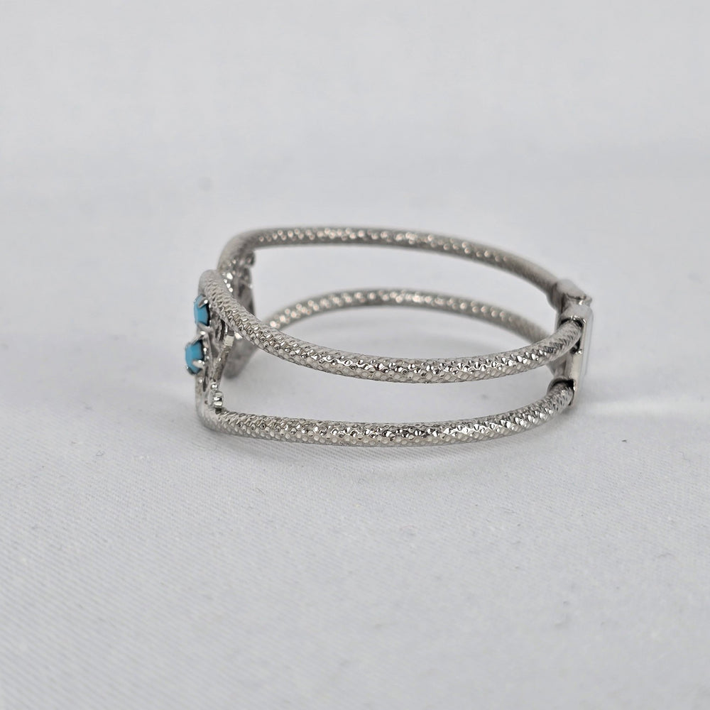 Vintage Silver Tone Turquoise Filigree Cuff Hinge Bracelet