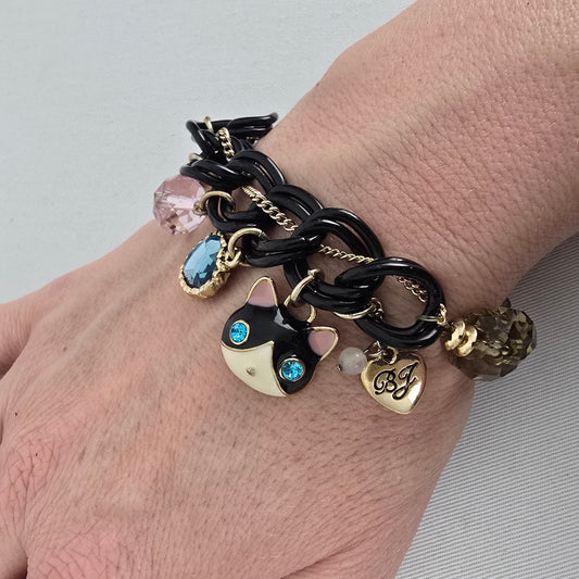 Betsey Johnson Bracelet Cat Charm Heart Crystal Gold Tone Beaded Chunky Stretch Bracelet