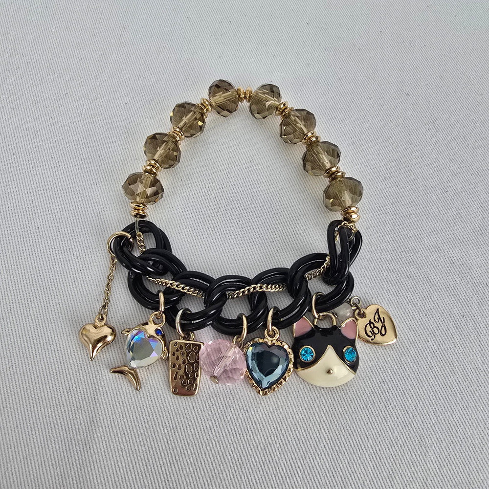 Betsey Johnson Bracelet Cat Charm Heart Crystal Gold Tone Beaded Chunky Stretch Bracelet