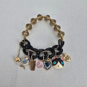 Betsey Johnson Bracelet Cat Charm Heart Crystal Gold Tone Beaded Chunky Stretch Bracelet