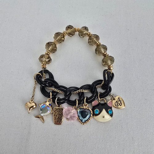 Betsey Johnson Bracelet Cat Charm Heart Crystal Gold Tone Beaded Chunky Stretch Bracelet