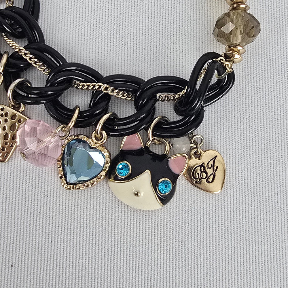Betsey Johnson Bracelet Cat Charm Heart Crystal Gold Tone Beaded Chunky Stretch Bracelet