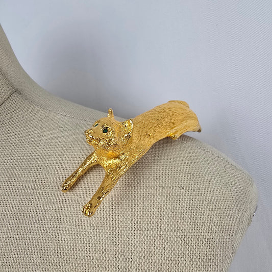 Ultra Craft Vintage Cat Brooch Gold Tone Figural Cat Pin Shoulder Brooch Green Eyes