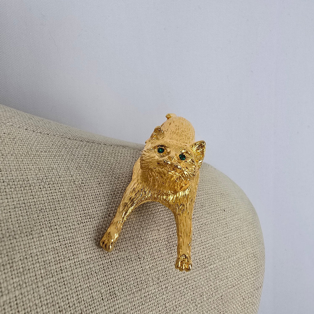 Ultra Craft Vintage Cat Brooch Gold Tone Figural Cat Pin Shoulder Brooch Green Eyes