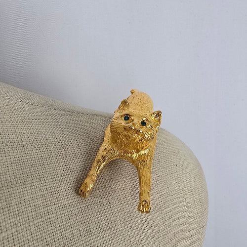 Ultra Craft Vintage Cat Brooch Gold Tone Figural Cat Pin Shoulder Brooch Green Eyes