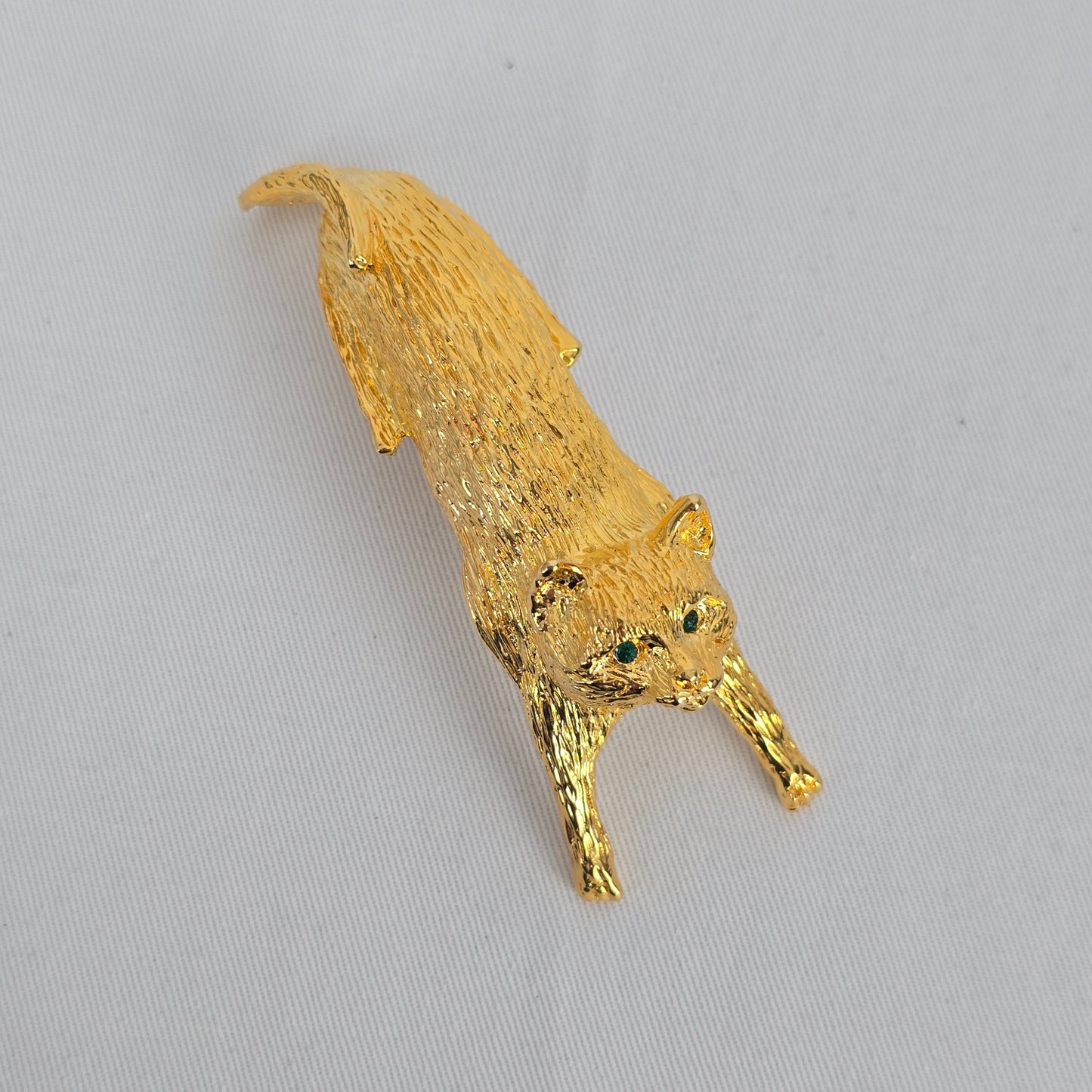 Ultra Craft Vintage Cat Brooch Gold Tone Figural Cat Pin Shoulder Brooch Green Eyes
