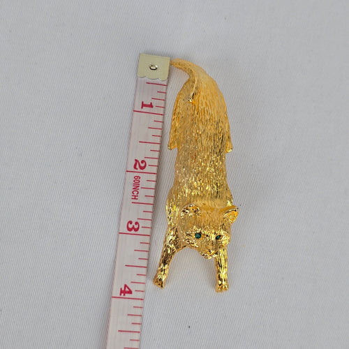 Ultra Craft Vintage Cat Brooch Gold Tone Figural Cat Pin Shoulder Brooch Green Eyes