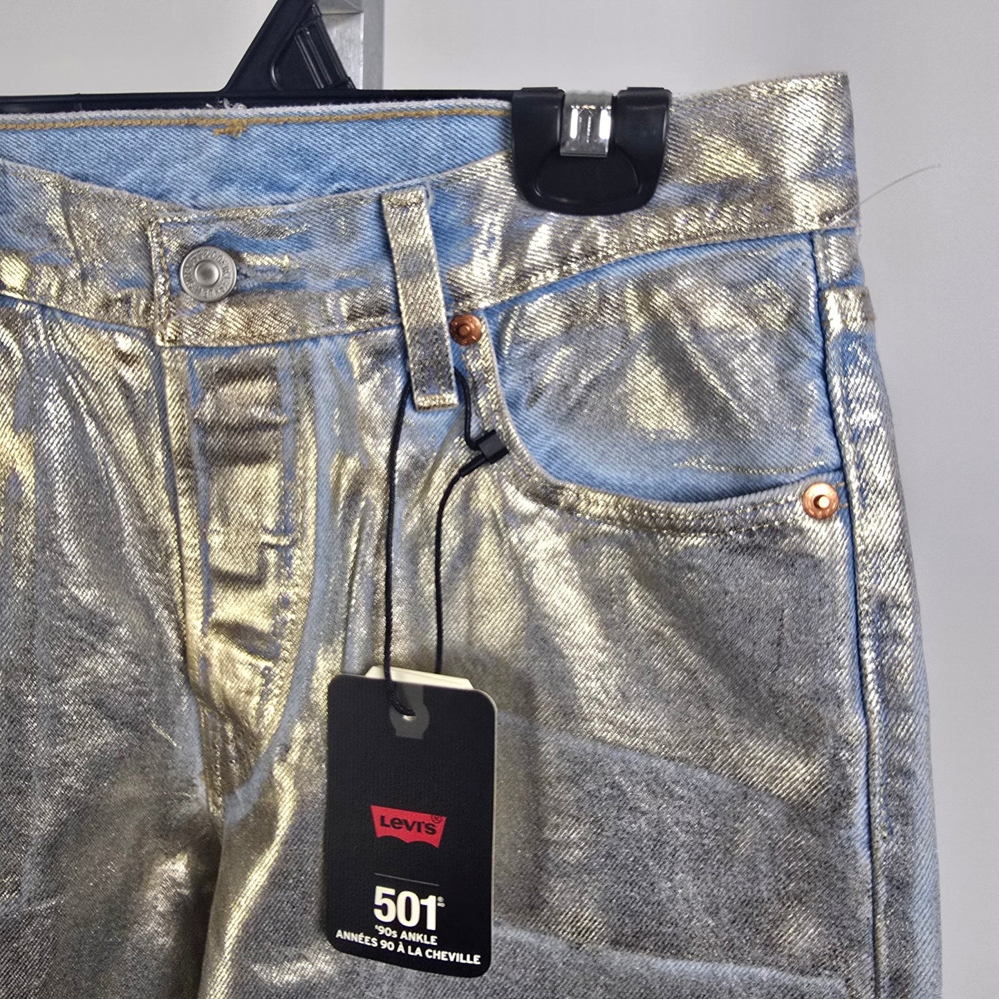 Levi’s 501 Metallic Gold Jeans Mid Rise Straight Leg 90s Ankle Jeans Size 25