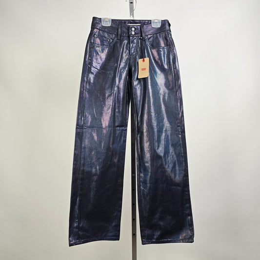 Levis Metallic Blue Jeans Iridescent Super Low Straight Leg Coated Denim Size 26