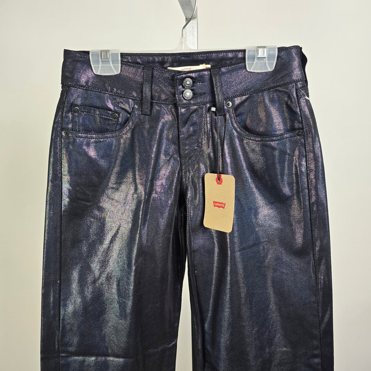 Levis Metallic Blue Jeans Iridescent Super Low Straight Leg Coated Denim Size 26