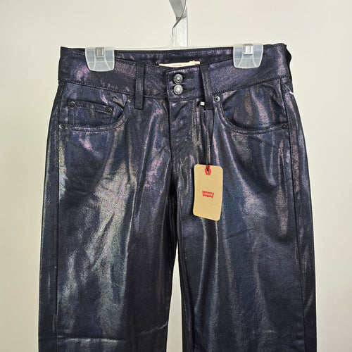 Levis Metallic Blue Jeans Iridescent Super Low Straight Leg Coated Denim Size 26