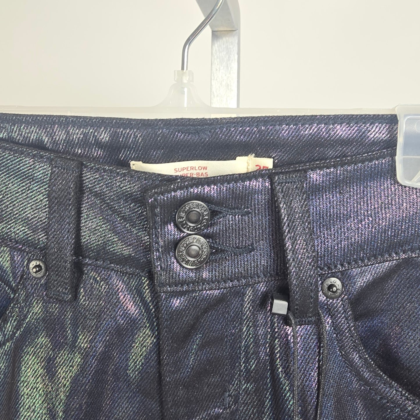 Levis Metallic Blue Jeans Iridescent Super Low Straight Leg Coated Denim Size 25