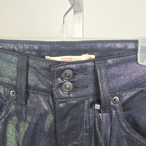 Levis Metallic Blue Jeans Iridescent Super Low Straight Leg Coated Denim Size 25