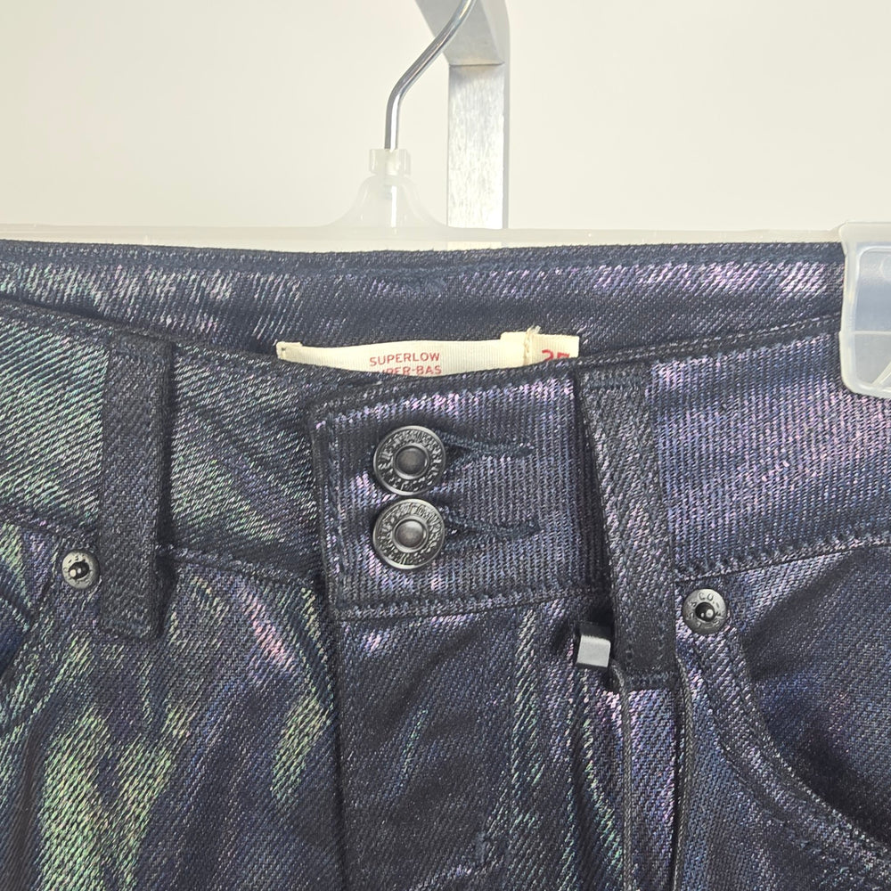 Levis Metallic Blue Jeans Iridescent Super Low Straight Leg Coated Denim Size 26
