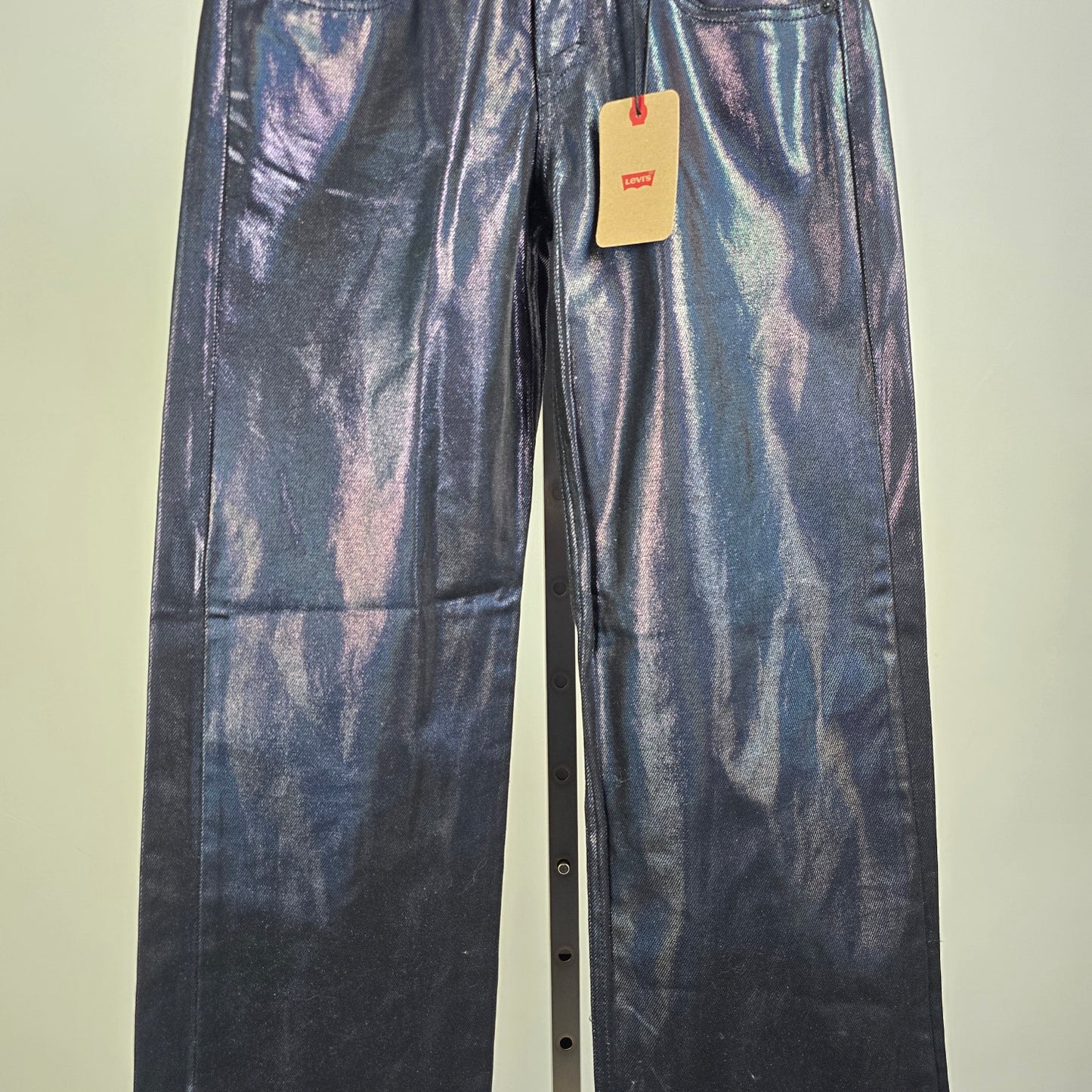 Levis Metallic Blue Jeans Iridescent Super Low Straight Leg Coated Denim Size 26