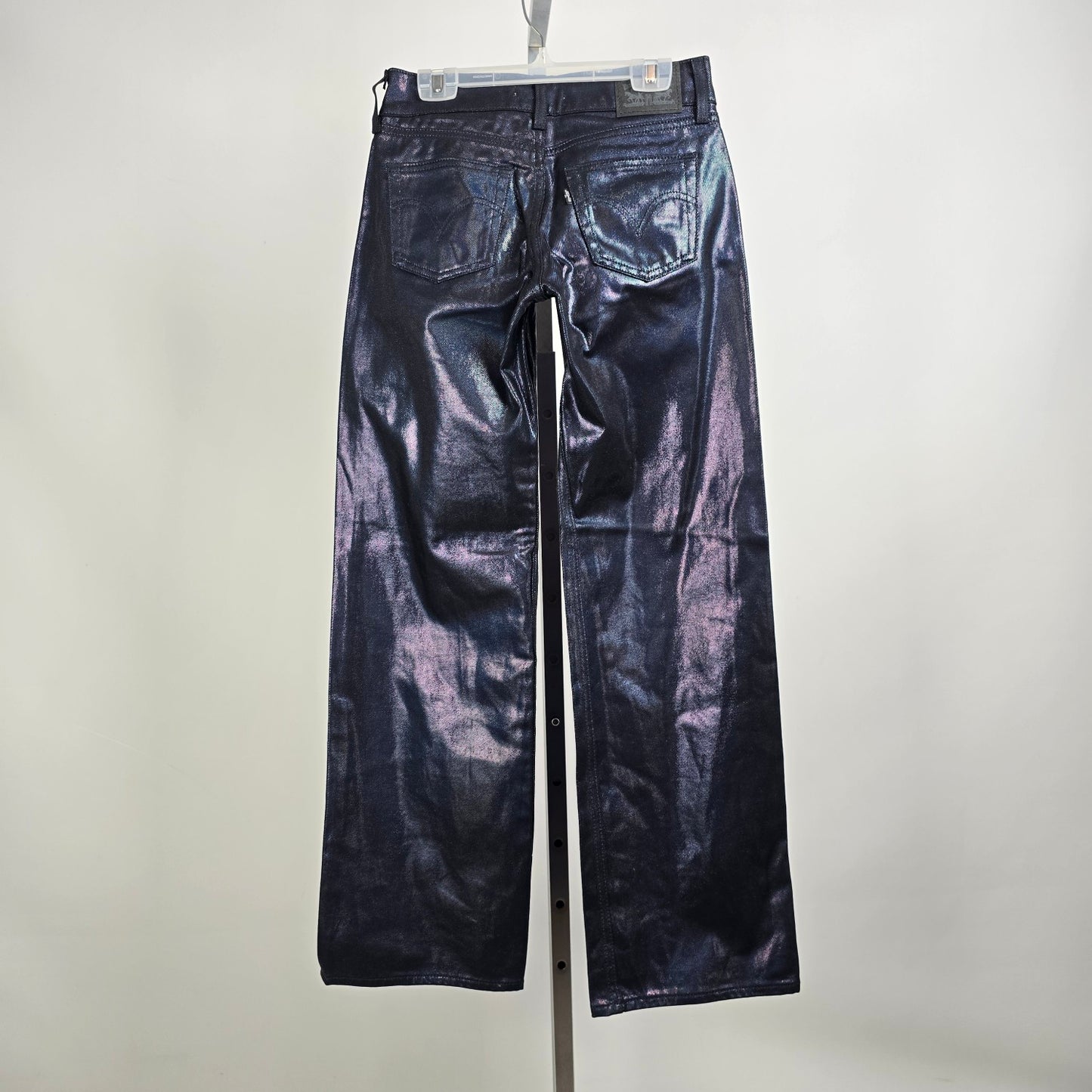 Levis Metallic Blue Jeans Iridescent Super Low Straight Leg Coated Denim Size 25