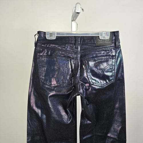 Levis Metallic Blue Jeans Iridescent Super Low Straight Leg Coated Denim Size 25