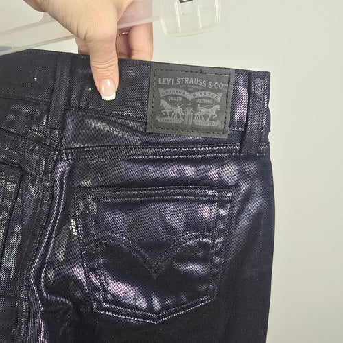 Levis Metallic Blue Jeans Iridescent Super Low Straight Leg Coated Denim Size 25