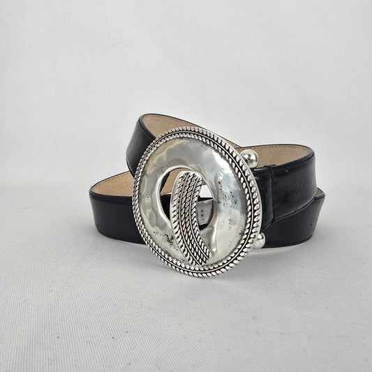 Black Genuine Leather Belt Large Silver Statement Buckle Western Style Size S/M