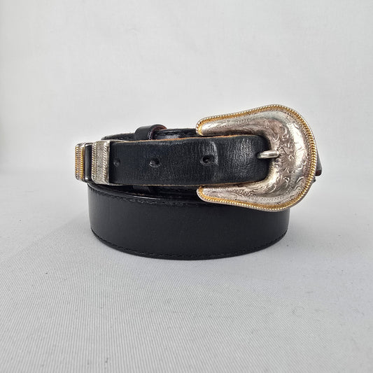 Vintage Odegard Genuine Leather Black Belt Western Silver Buckle Concho Size M/L