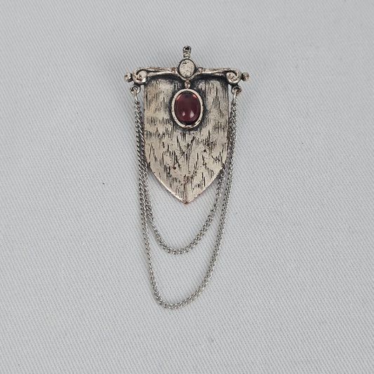 Vintage Silver Tone Shield Brooch Red Cabochon Chain Drape Heraldic Statement Pin