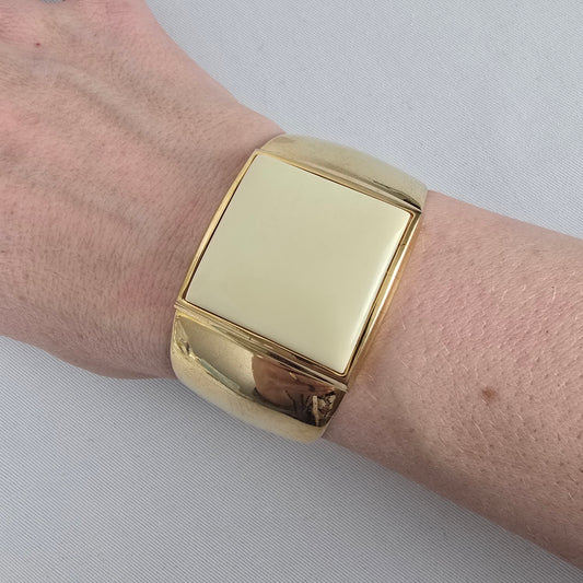 Vintage Avon Gold Tone Cuff Bracelet Wide Chunky Cream Inlay Statement Jewelry
