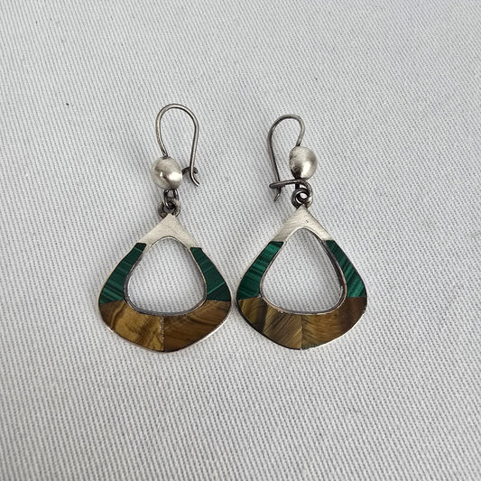 Vintage Taxco 925 Sterling Silver Dangle Earrings Mexico Tiger Eye Malachite Inlay