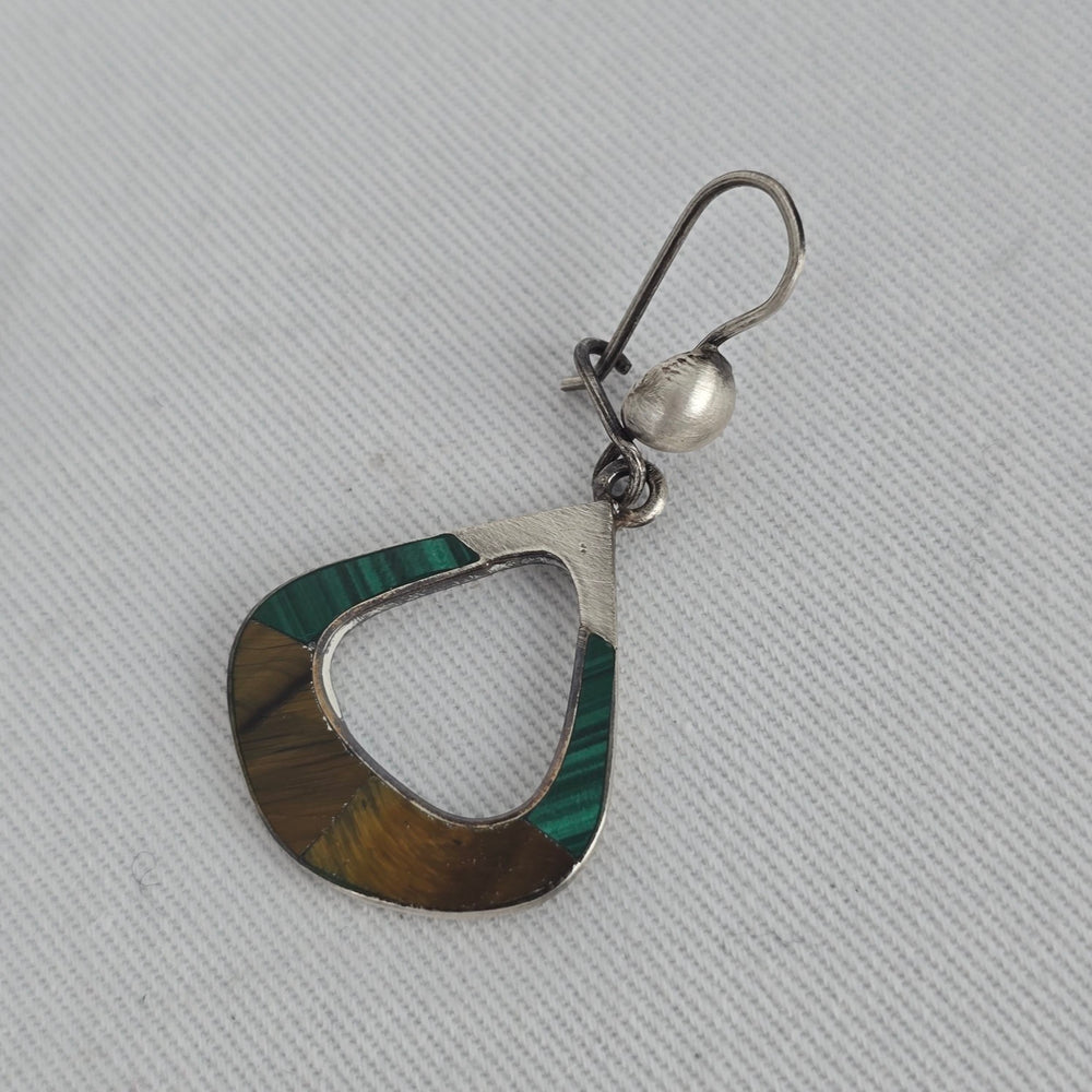 Vintage Taxco 925 Sterling Silver Dangle Earrings Mexico Tiger Eye Malachite Inlay
