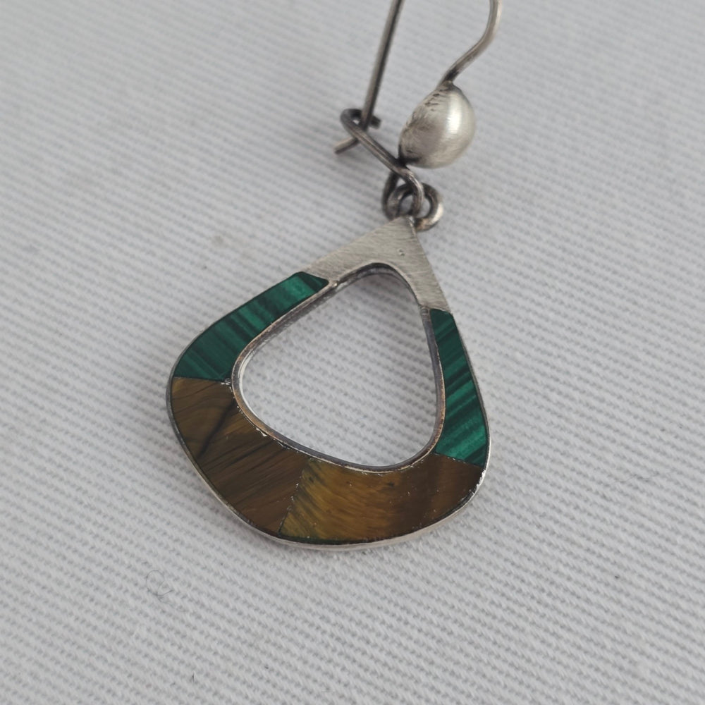 Vintage Taxco 925 Sterling Silver Dangle Earrings Mexico Tiger Eye Malachite Inlay