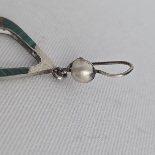 Vintage Taxco 925 Sterling Silver Dangle Earrings Mexico Tiger Eye Malachite Inlay