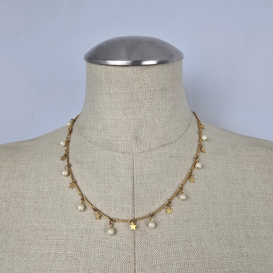 Vintage Gold Tone Star Charm Necklace with Faux Pearls Dainty Layering Celestial Jewelry