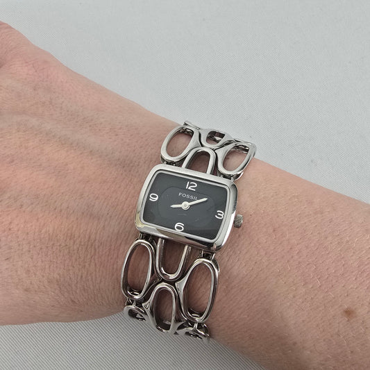 Fossil F2 Watch ES-1885 Stainless Steel Chunky Link Bracelet Watch Modern Silver Tone