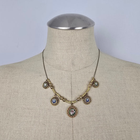 Vintage Micro Mosaic Necklace Floral Charm Drops Gold Tone Statement Necklace