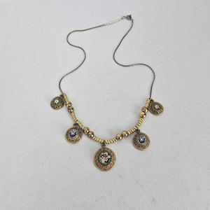 Vintage Micro Mosaic Necklace Floral Charm Drops Gold Tone Statement Necklace