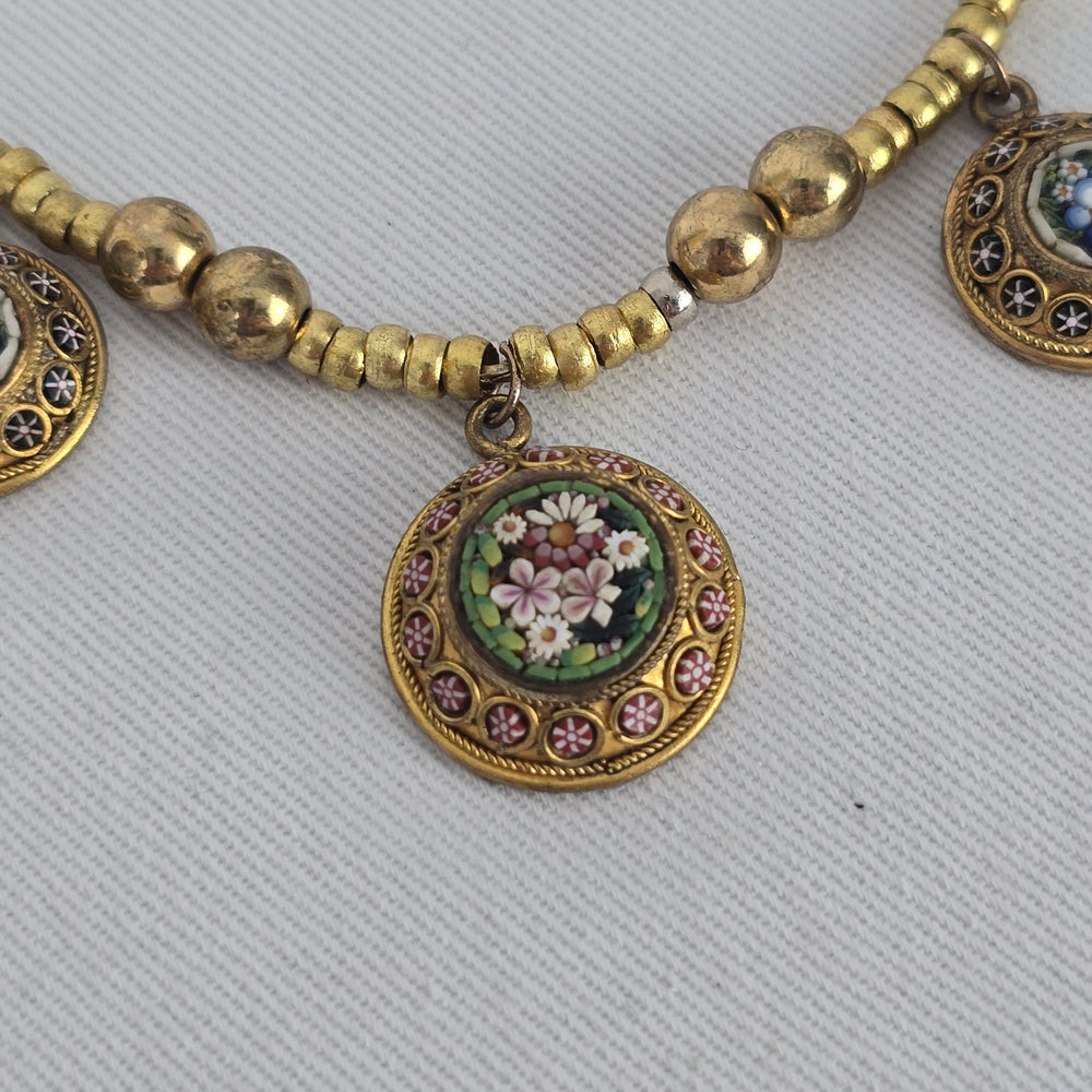 Vintage Micro Mosaic Necklace Floral Charm Drops Gold Tone Statement Necklace