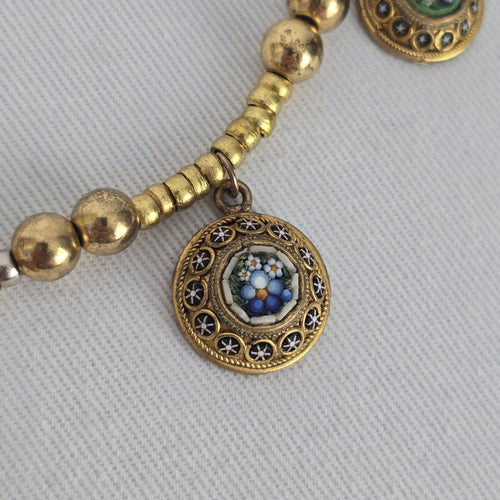 Vintage Micro Mosaic Necklace Floral Charm Drops Gold Tone Statement Necklace