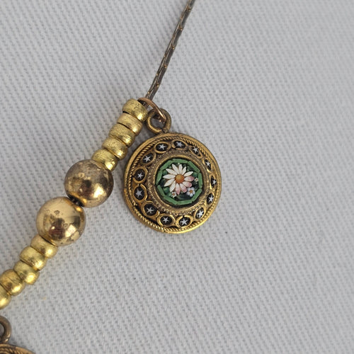 Vintage Micro Mosaic Necklace Floral Charm Drops Gold Tone Statement Necklace